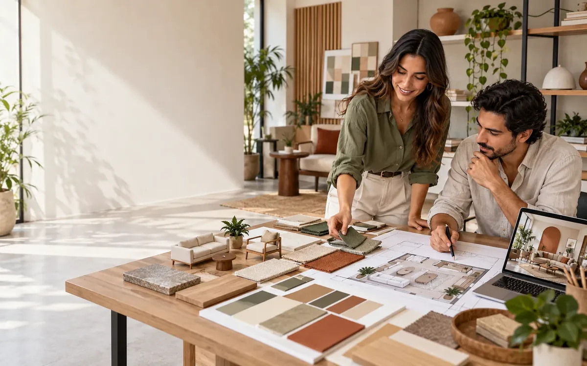 Dos diseñadores eligen muestras de materiales y colores sobre planos y maquetas de muebles en una mesa de trabajo