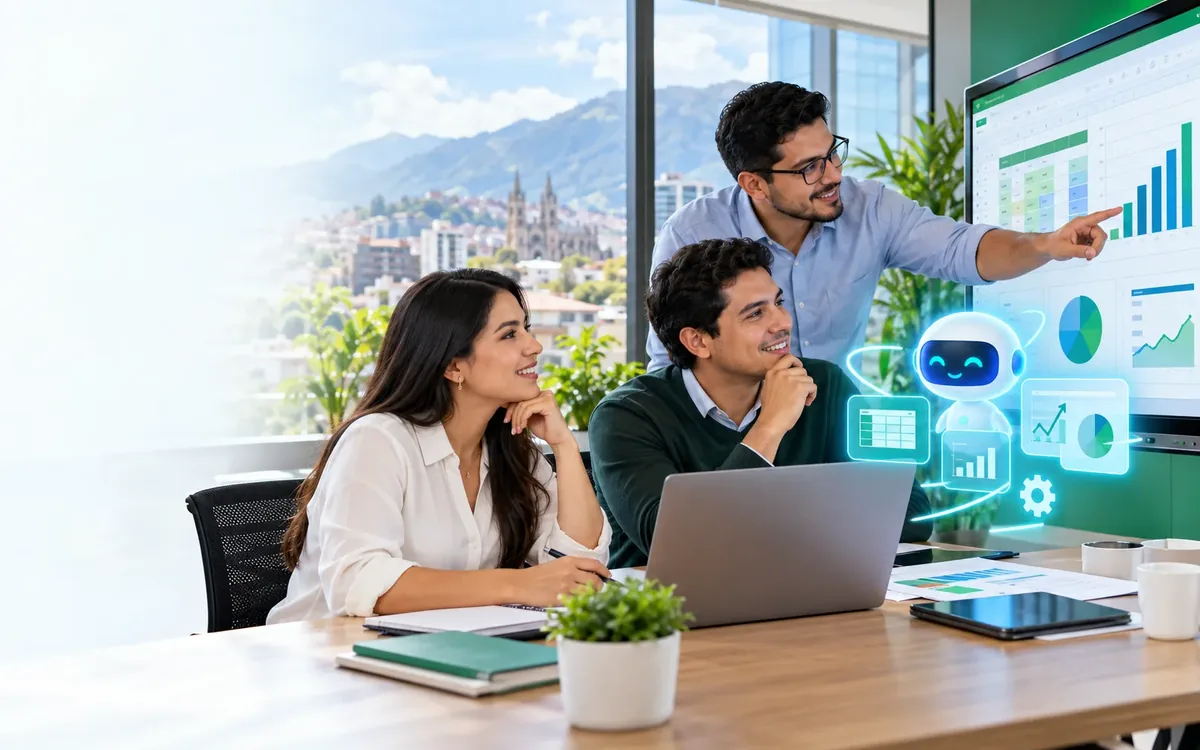 Tres colegas analizan tablas y gráficos en una pantalla durante una reunión de trabajo, acompañados de un asistente virtual